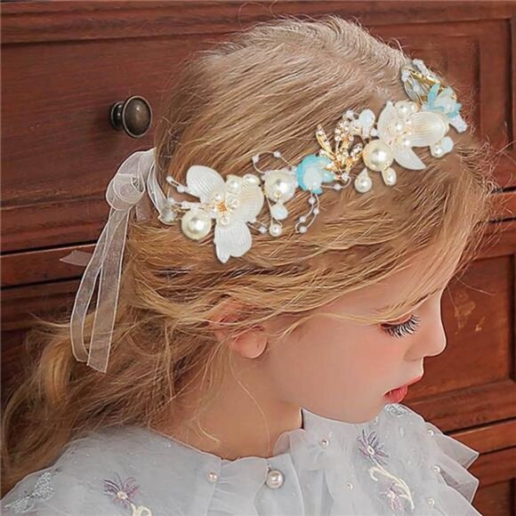 Princess Flower Crystal Headpiece Rhinestone Pearl Headband Alloy Floral Bridal - Picture 1 of 7